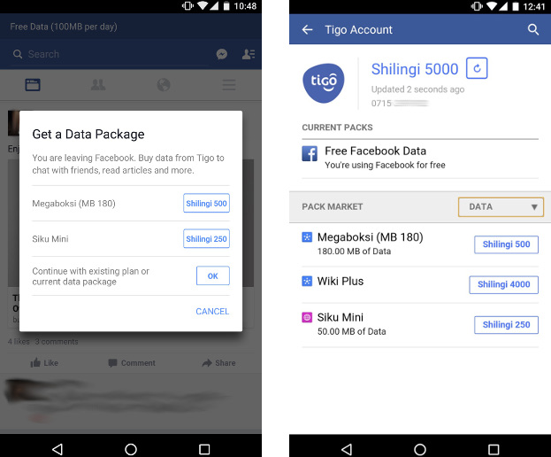 Facebook lets carriers offer one-click purchasing to end users. 'Shilingi 250' is about 24 US cents.